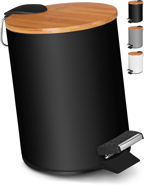 VMbathrooms Cosmetic Bin 3L Pedal Bin Black with Bamboo Lid
