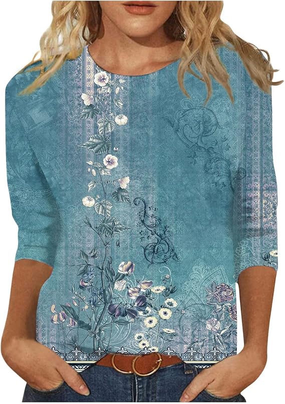 3/4 Length Sleeve Womens Tops 2024 Floral Print Vintage Fashion Casual Loose with Round Neck Plus Size Shirts