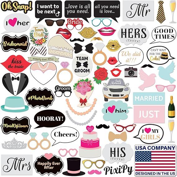 Wedding Photo Booth Props - 70 Pieces, Multicolored - Fun Photoshoot Party Selfie Accessories - Silly Group Picture Favors for Wedding Reception, Anniversary, Engagement, or Shower