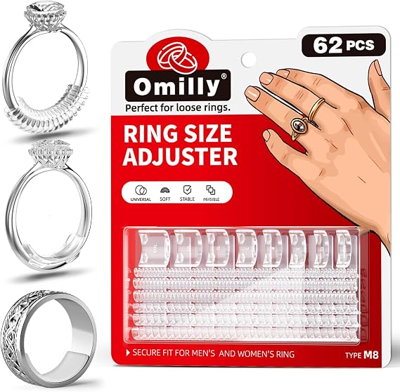 Omilly Ring Sizer Adjuster for Loose Rings - 62 Piece Set with 3 Styles (Ring Spacers, Spiral, Sticker), Fits Ring Widths 1-10mm, Invisible Design for Women & Men