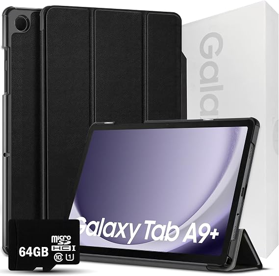 Samsung 2024 Galaxy Tab A9+ 11" 64GB | Android 13 WiFi Touchscreen International | Big Screen, Quad Speaker, Slim | Tablet Bundle - Hard Back Tri-Fold Stand Case + 64GB SD Card Gray | MdTec