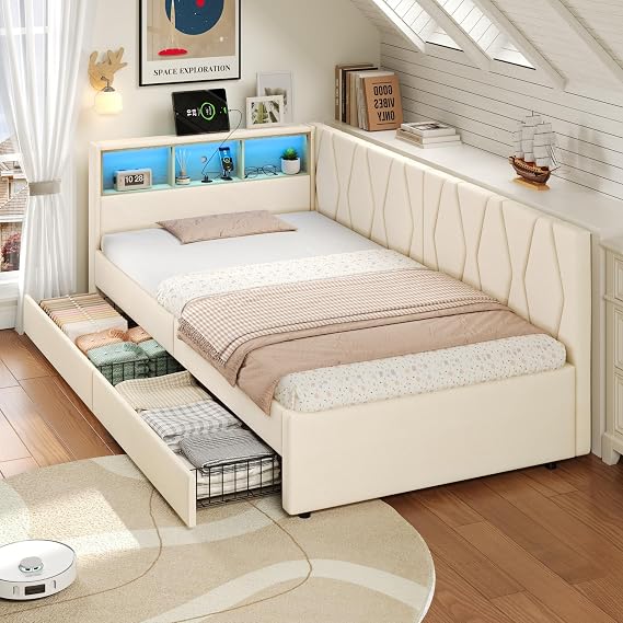 Miyemo Day Bed, 3ft Upholstered Single Bed Frame with Storage Drawers, Linen Sofa Bed with Charging-Station & LED- for Living Room/Bedroom/Study Room, 90 * 190cm, Beige, (No Mattress)