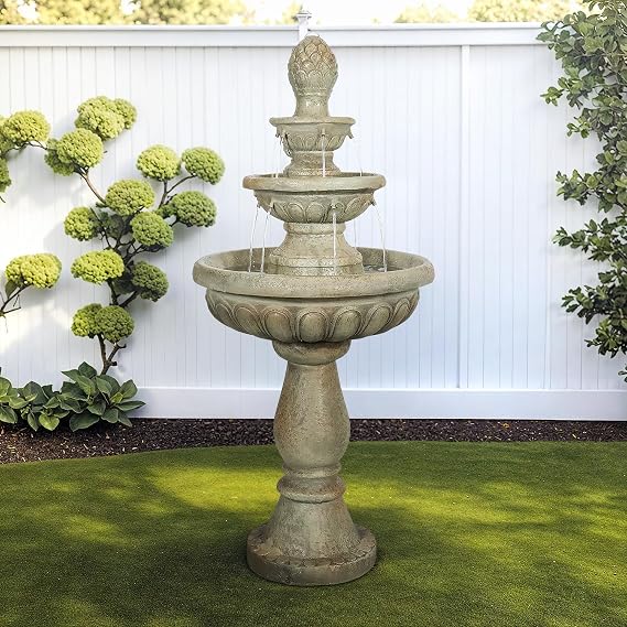 SunJet 42.5 High 3-Tiers Modern Concrete Outdoor Water Fountain - Round Large Outdoor Fountains and Waterfalls for Garden, Patio, Yard, and Deck Decor, Featuring Natural Stone Look