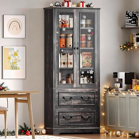 DWVO 76" Kitchen Pantry with Adjustable Shelves & Drawers, Dark Rustic