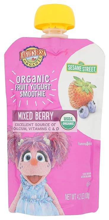 Earth's Best Organic Yogurt Smoothie Pouches, 24+ Months, Fruit Yogurt Smoothie for Toddlers 24 Months and Up, Mixed Berry, 4.2 Ounce Resealable Pouch