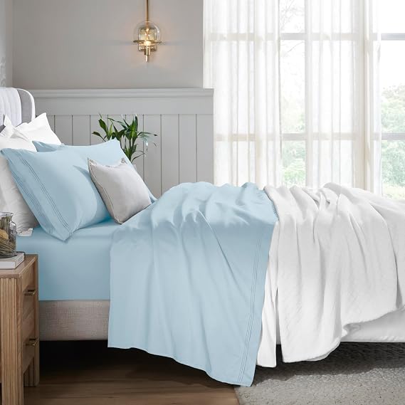 SUPERIOR Egyptian Cotton 5 Piece Sheet Set, 650 Thread Count, Modern Design, Sustainable Sheets, Ultra-Soft Basics, Solid, Deep Pocket Fitted Sheets, Flat Sheet, Pillowcases, Split King, Baby Blue