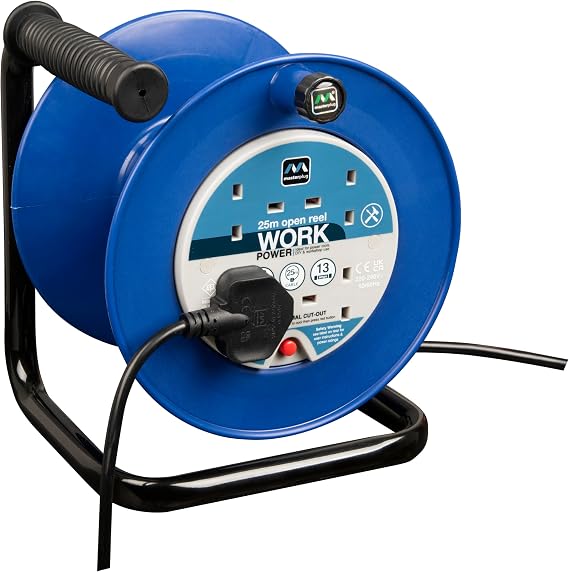 Masterplug Four Socket, 25 Metre Open Cable Reel, Medium Extension Lead Reel, Wind-Up Power Retractable Cord Reel, Heavy Duty, Thermal Cut Out, Work Power, Blue/Black, 13A, 4G, 25m, LDCC2513/4BL [Energy Class A]