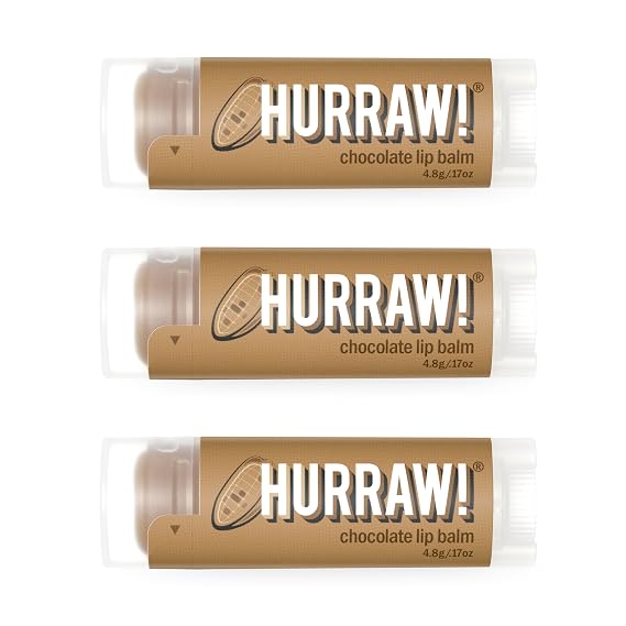 Hurraw! Chocolate Lip Balm, 3 Pack: Organic, Certified Vegan, Cruelty and Gluten Free. Non-GMO, 100% Natural Ingredients. Bee, Shea, Soy and Palm Free. Made in USA