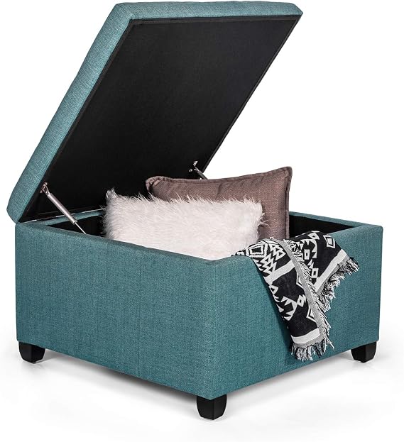 Adeco Classic Square Seat Tufted Fabric Ottoman with Storage Chest and Footrest, 29"x29"x19", Turquoise Blue