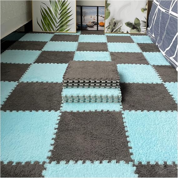 12 Pcs Interlocking Carpet Tiles, Plush Foam Square Floor Mats Set, Puzzle Floor Mat For Living Room, Bedroom And Hard Floor, 12 Tiles/12 Sq.Ft(Color:Grey+Light Blue)
