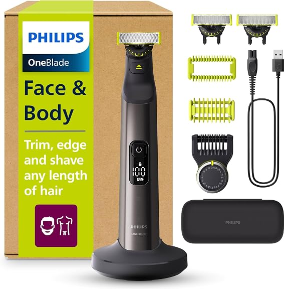 Philips OneBlade Pro 360 Authentic Face & Body Electric Beard Trimmer, Shaver and Bodygroomer, 3X 360 Blade, 20-Length Comb, Kit, Charging Stand, Travel Case, QP6652/35