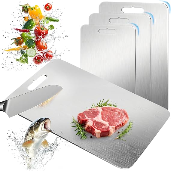 3PCS Titanium Cutting Board, BOYUNSHI Stainless Steel Chopping Boards for Kitchen Non Stick Food Grade Double-Sided Cutting Board Ideal for Meat, Vegetables, Easy to Clean