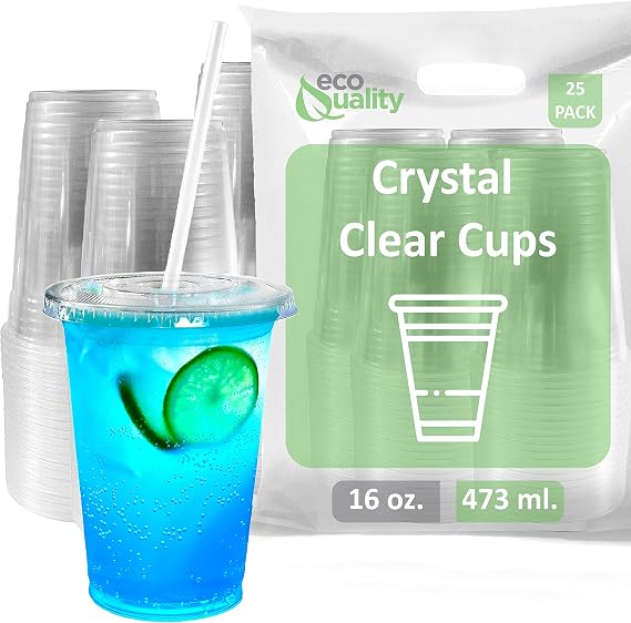 Large Clear Plastic Disposable Cups with Lids & Straws 25 count - 16 oz (ounces) Clear PET Cup for Cold Smoothie, Iced Coffee, Boba, Bubble Tea, Protein Shakes, Cold Drinks (Cups + Flat Lids + Straws)