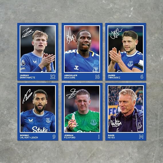 Everton Players SIGNED A6 Poster Pack 2-6 Autographed Poster Print Cards (Branthwaite, Doucoure, Calvert-Lewin, Tarkowski, Pickford, Moyes)