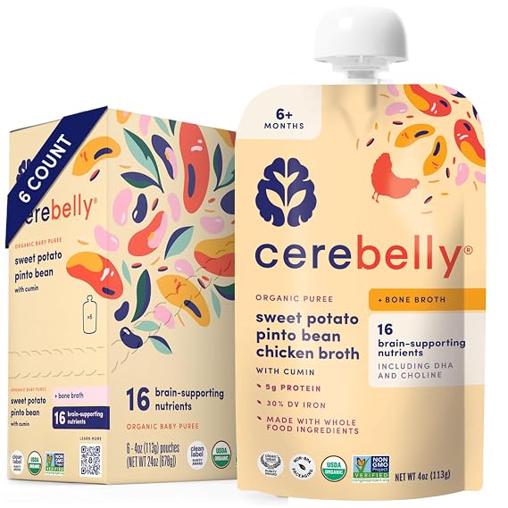 Cerebelly Organic Baby Food Pouches, Sweet Potato Pinto Bean with Chicken Bone Broth, 16 Nutrients, Protein & Healthy Fats, 4oz, 6 Pack