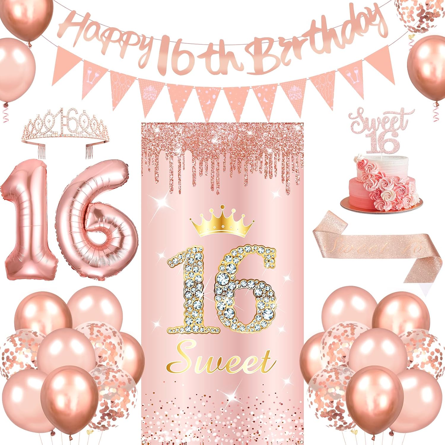 26pcs Pink Rose Gold 16th Birthday Decorations for Her Women,Happy Birthday Banner,Door Sign,Sash,Tiara,Balloons,Triangle Banner,Cake Topper Pink Rose Gold 16th