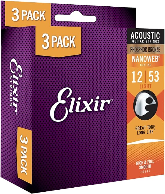 Elixir Strings, Acoustic Guitar Strings, Phosphor Bronze with NANOWEB Coating, Longest-Lasting Rich  Tone with Comfortable Feel, 6 String Set, 3 Pack, Light 12-53