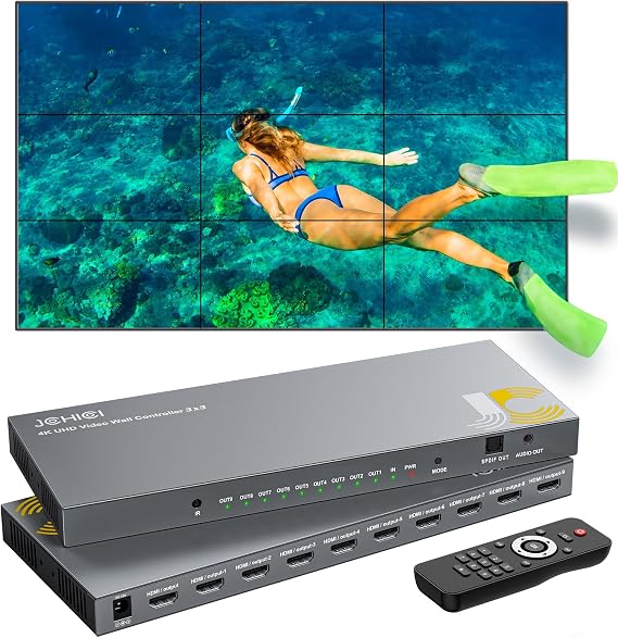 Video Wall Controller 3x3,JCHICI TV Wall Processor,4K x 2K HD Display,180 Degree Rotate,10 Splicing Modes,Input 4K and Output 1080P, Streaming Media Video Device