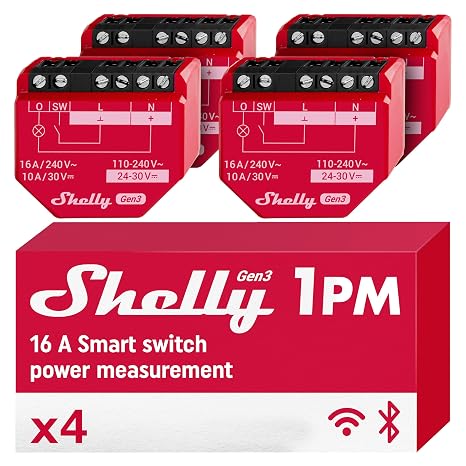 Shelly 1PM Gen3 WLAN Smart Relay Switch Current Measurement Electric Meter 1 Channel 16 A Light Switch Heating Smart Home Timer Switch Alexa & Google Home No Hub Required (Pack of 4)