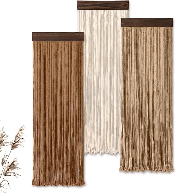 Weldomcor 3PCS Macrame Wall Hanging Boho Chic Home Decor, Handmade Tassel Yarn Tapestry Modern Wall Art Decorations for Living Room Bedroom Office Nursery Backdrop (Brown White)