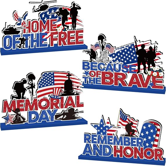4Pcs Memorial Day Decorations Wooden Table Centerpiece Remember and Honor Memorial Day Table Decorations Patriotic Themed Tabletop Tiered Tray Decor for Veterans Day 4th of July Party Supplies