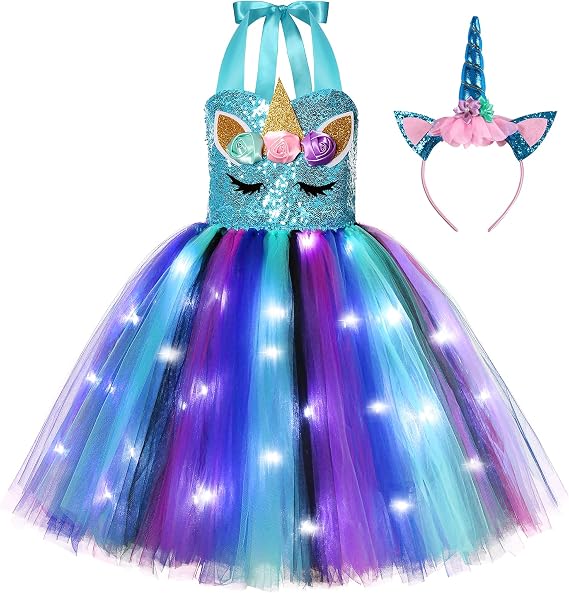 KAKALVER Girls Unicorn Costume Light Up Tutu Dress for Birthday Decorations