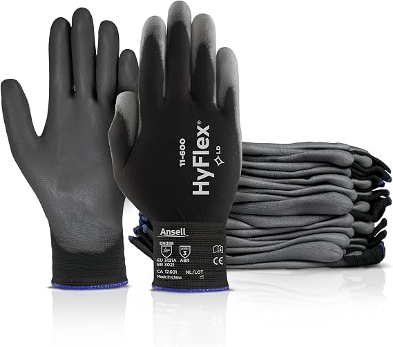 Ansell HYFLEX 11-600 Light Duty Nylon Industrial Gloves w/Palm Coating for Metal Fabrication