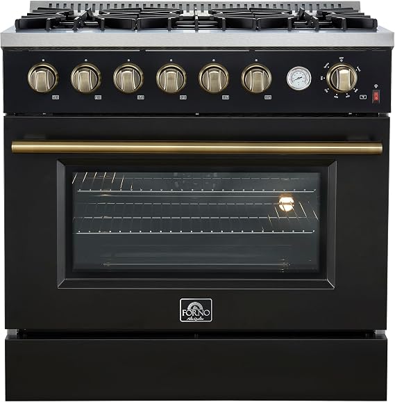 Forno Marco 36 Inch Gas Range with Antique Brass Accents, 6 Sealed Burners 67,000 BTU, Large 5.36 cu.ft. Convection Oven with Temperature Gauge, Professional Freestanding Kitchen Stove - Black