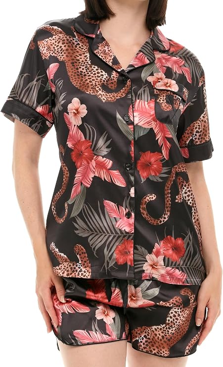 Alexander Del Rossa Womens Satin Pajamas Lounge Set, Silk like Short Sleeve Top and Shorts with Pockets