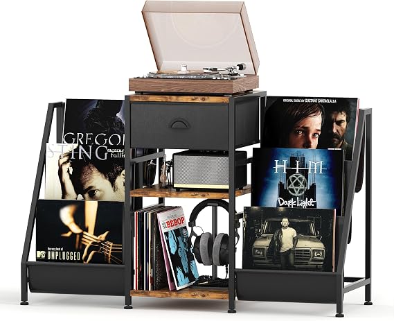 CAIYUN Record Player Stand with 3-Tier Storage, Turntable Table for Living Room, Holds Up to 280 Albums, Bookshelf Display Rack with Black Fabric Drawer, Retro Media Console, Rustic Brown Shelf