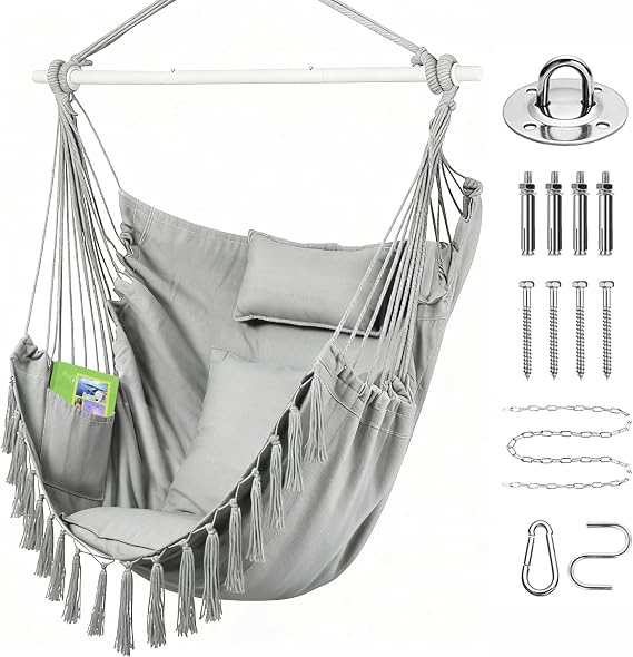 Goutime Extra Large Hanging Swing Chair, 2 Cushions & Neck Pillow (Grey)