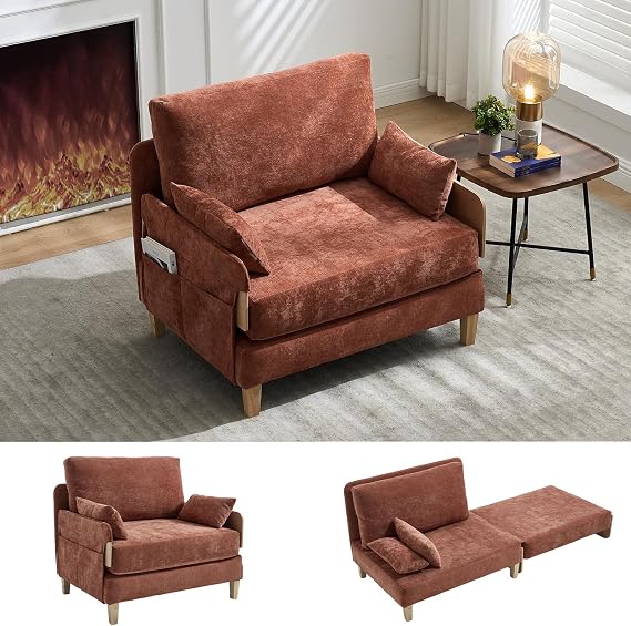 3-in-1 Convertible Sleeper Chair Sleeper Sofa Couch Bed, Oversized Accent Chair with 3 Pillows, Comfy Chenille Reading Armchair, Sofa Cama Couch Guest Bed for Small Spaces, Orange