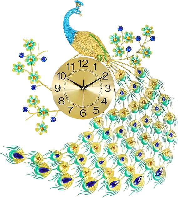 Peacock Wall Clock, 3D Creative Luxury Wall Clock Large Silent, European Style Wall Decorative Peacock Clock for Living Room, Bedroom, Dining Room, Indoor, 9.45 inch Dial Diameter,