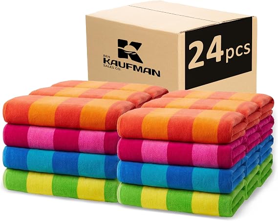 Ben Kaufman 100% Cotton Velour Towels - Large Cotton Towels - Soft & Absorbant - Assorted Striped Colors - 30 x 60 - 24 Pack