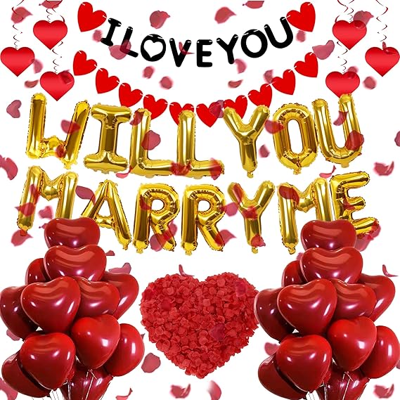 Will You Marry Me Decorations - 50 PcsGold Will You Marry Me Proposal Foil Letter Balloon Heart Shaped Petal Balloon I Love You Proposal Banner for Valentine's Day