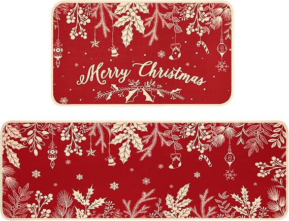 Noiclub Christmas Kitchen Rugs Mat Set, Indoor Red Holiday Slip Doormat 2 Pack, Winter Essentials with Holly Pine Branches Leaves, Kitchen Rugs for Xmas Kitchen Bedroom Farmhouse Decorations