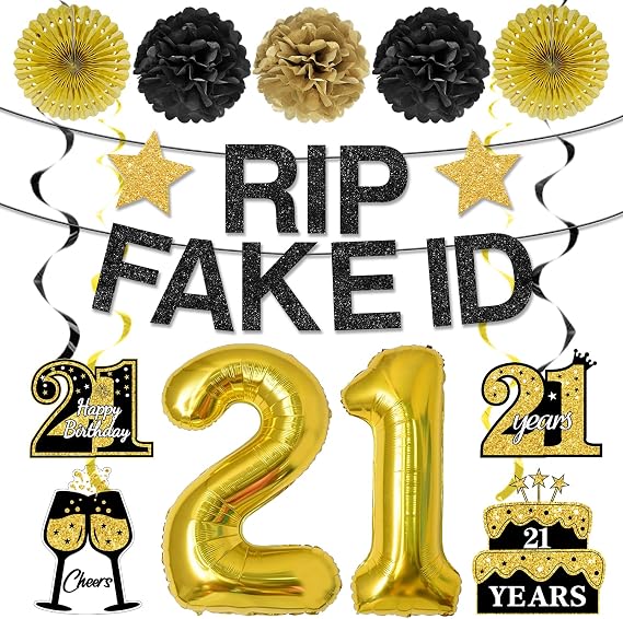 21st Birthday Decorations for Him, 21st Birthday Party Supplies | Pre-Strung Black Gold Banner, Garland, 32Inch Foil Balloon, Latex Balloons, Pompoms, Swirls, 18Pcs Kit for Her