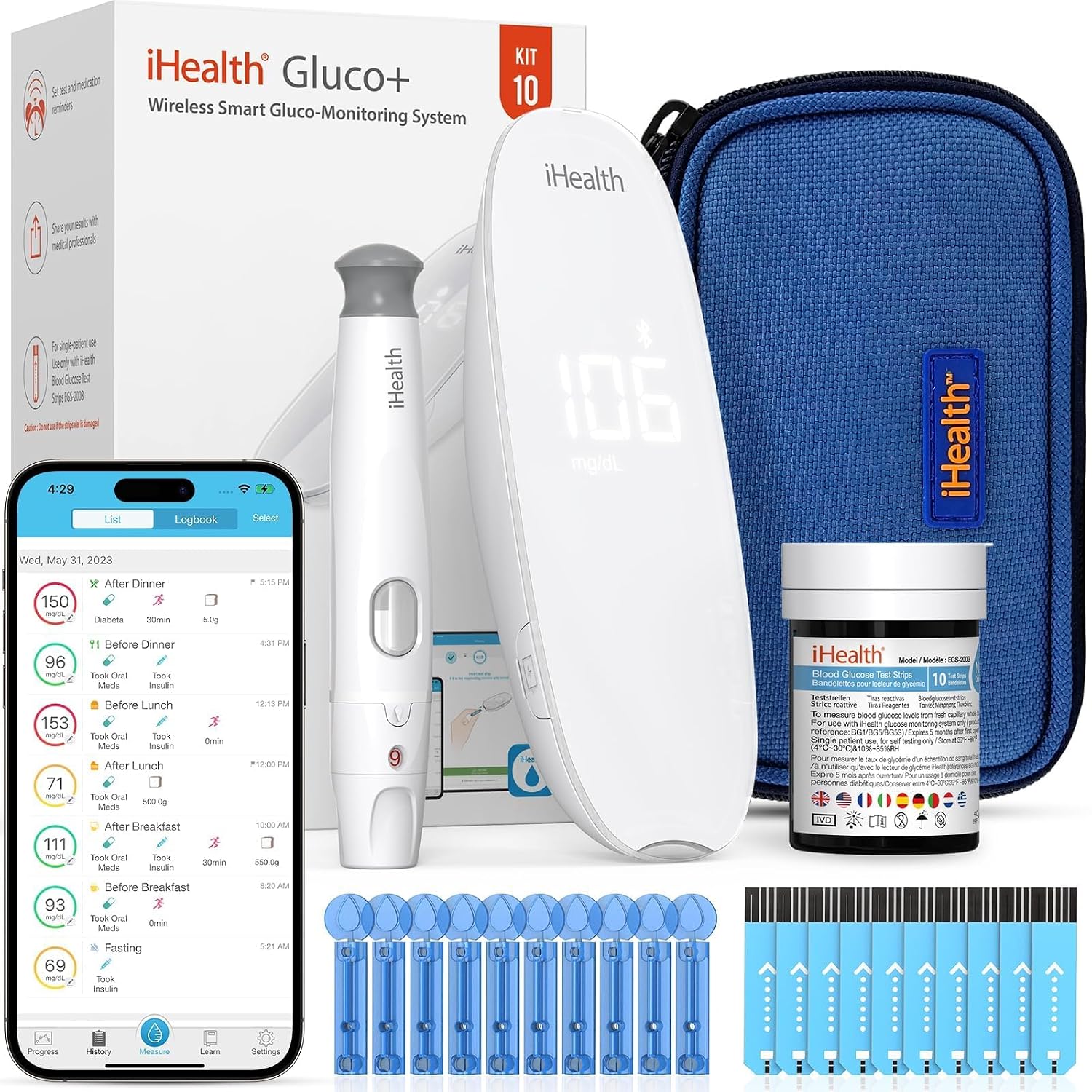 iHealth Gluco Wireless Smart Blood Glucose Monitor Kit with Free App, 10 Glucometer Strips, 10 Lancets, 1 Blood Sugar Monitor, 1 Lancing Device, Portable Diabetes Testing Kit for Home Use