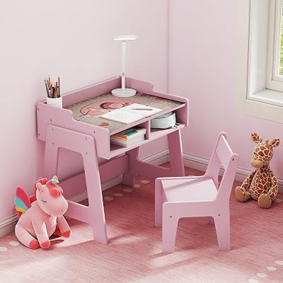 Toddler Table and Chair Set, Wooden Kids Desk and Chair Set, Pink Study Table and Chair Set for Girls, Kids Acitvity Table with Storage for Ages3-8, Toddler Desk and Chair for BedroomNursery
