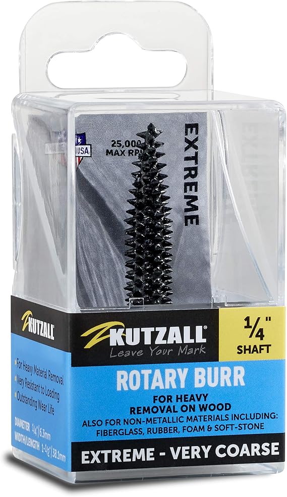 Kutzall Extreme Taper Rotary Burr, 14" Shaft, Very Coarse - Wood Carving Bit for Bosch, DeWalt, Milwaukee. Abrasive Tungsten Carbide, 14" (6.3mm) Dia. X 1-12" (38.1mm) Length, TX-14C