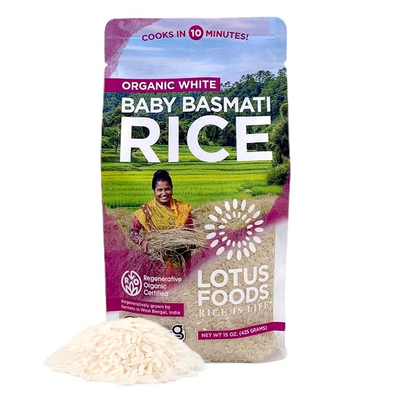 Lotus Foods Organic Baby Basmati Rice, Quick 10 Min Cook, GF - 15 Oz Bag | Gluten Free Heirloom White Rice in Bag, USDA Organic