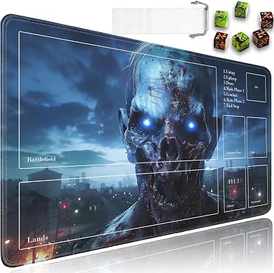JVGFYNKL for MTCTCG Playmat with Zones, 24x14 in Non-Slip Rubber, for MTG Mat with Drawstring Travel Pouch and 6 Dice, Scary Zombies Pattern Card Game Playmats