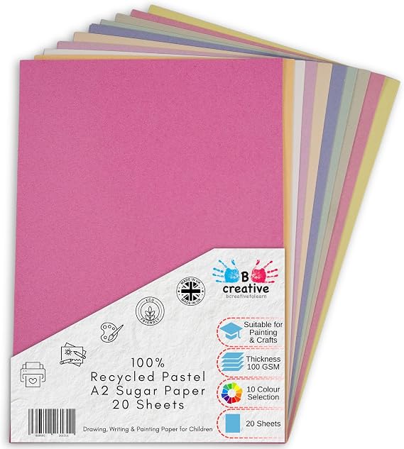 Be Creative A2 Recycled Sugar Paper Pastel Colours 20 Large Sheets in 10 Assorted Colours, Great for Arts & Crafts, Drawing, Painting & Scrap Booking 59.4 x 42cm Sheet Size