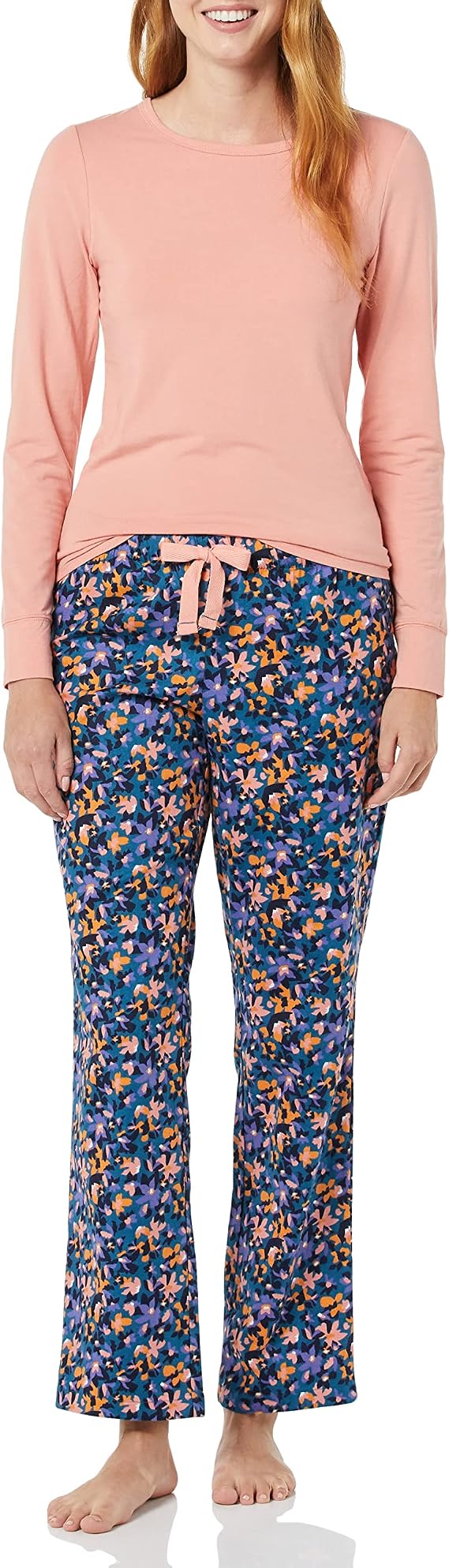Amazon Essentials Women's Lightweight Soft Flannel Trouser and Long-Sleeve T-Shirt Sleep Set, Lounge Bottoms, Salmon Pink