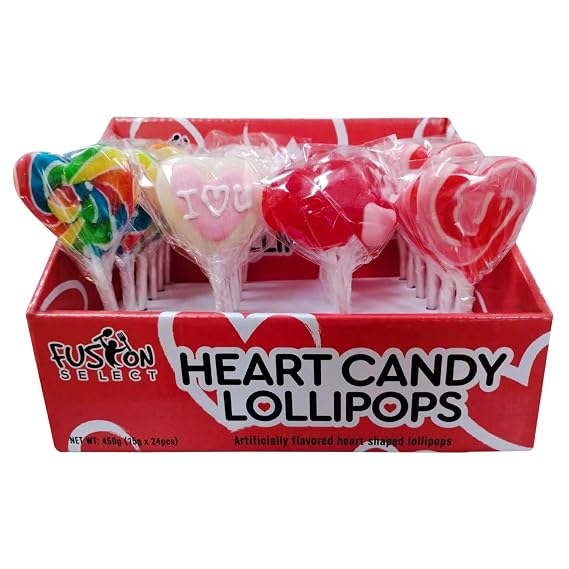 Fusion Select 24 Heart Shaped Lollipops Candy - Sweet Heart Lollipop for Party Bag Fillers, Pinata Stuffers - Ideal for Valentine's Day, Mother's Day, Halloween - Bulk Party Pack, Assorted Lollipops