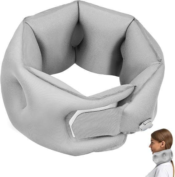 Inflatable Neck Pillow, Travel Pillow for Airplane, Traveling, Office, and Car, Chin Support Neck Relief - Airplane Travel Essentials(Gray)