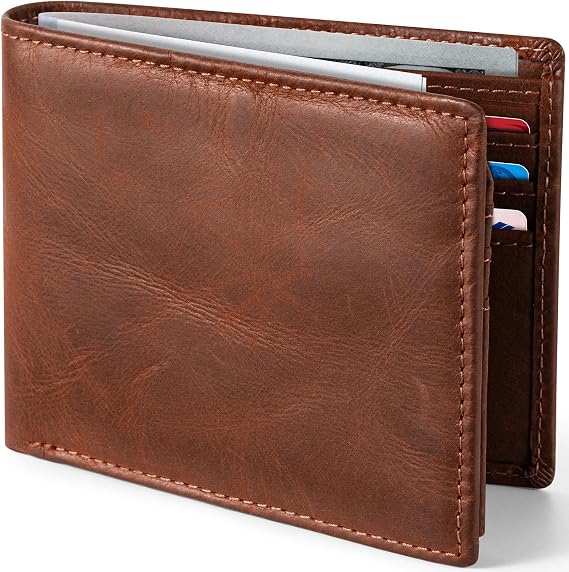 GSOIAX Top Grain Leather Wallet for Men Slim RFID Blocking Premium Crazy Horse Bifold Handcrafted Vintage 11Card Slots 2 ID Windows & 2 Cash Pockets Gift Box Packaging for Him (Brown)
