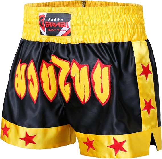 Farabi Sports Muay Thai Shorts Kickboxing MMA Boxing Training Shorts (US, Alpha, Large, Regular, Regular, Black/Yellow)