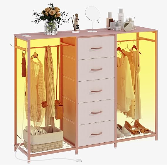Dresser with Clothes Rack, 5 Drawer Chest with Charging Station & LED | Bedroom dresser with fabric drawers, and open storage. Clothes organization in bedroom or living room.Pink