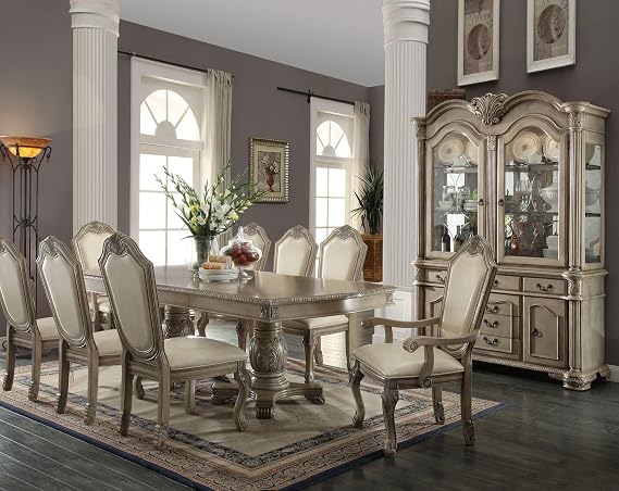 Kitchen Furniture 10-Piece Dining Set Include 1 Dining Extension Table, 6 Side Chairs, 2 Arm Chairs and 1 Buffet & Hutch (Antique White)